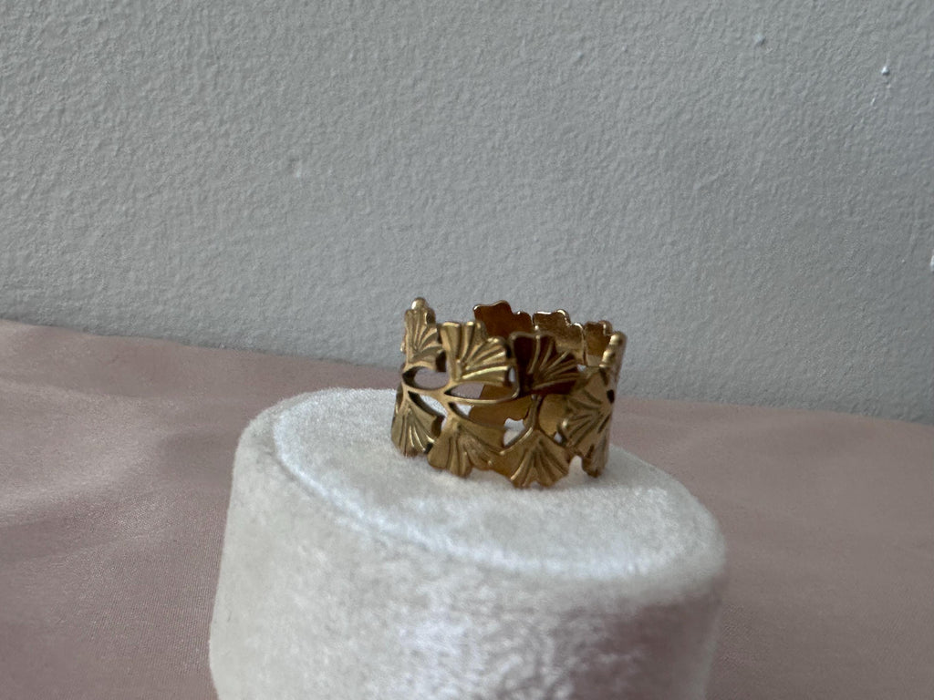 Gold Leaf Cut-Out Adjustable Statement Ring | Botanical Open Band Ring | Luxury Stainless Steel Jewelry