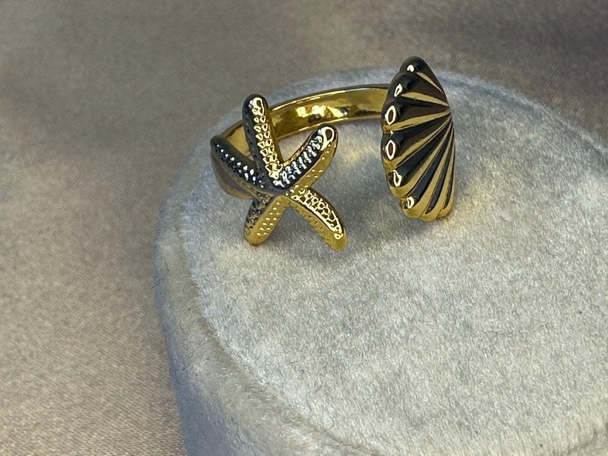 18K Gold Plated Starfish & Seashell Ring • Adjustable Stainless Steel Ring • Ocean Inspired Statement Jewelry