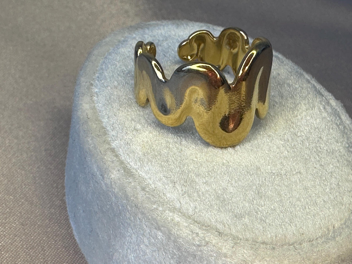 Gold Wave Ring • Adjustable Stainless Steel Sculptural Statement Jewelry