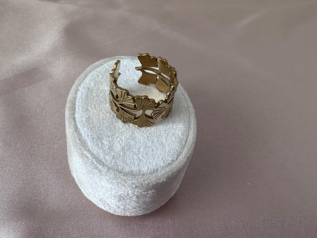 Gold Leaf Cut-Out Adjustable Statement Ring | Botanical Open Band Ring | Luxury Stainless Steel Jewelry