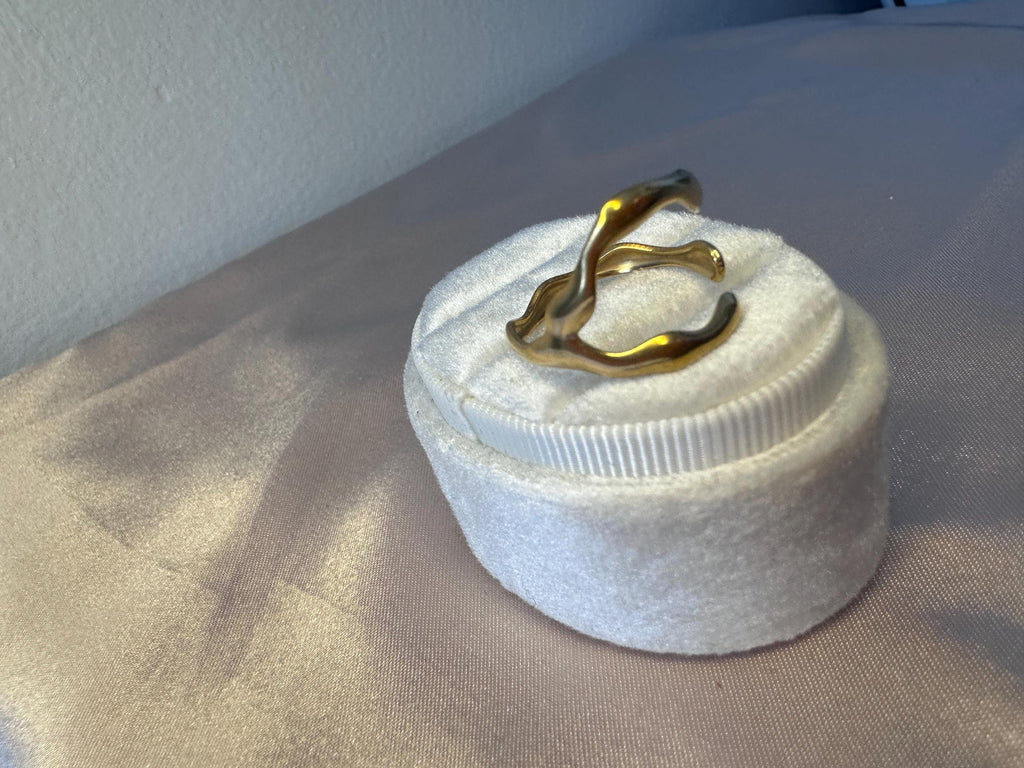 Gold Wave Ring, Stainless Steel Adjustable Open Band, Modern Jewelry