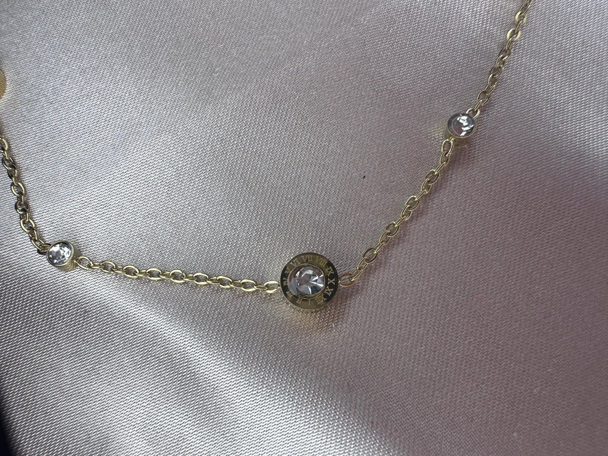 Roman Numeral Gold Bracelet with Crystal – Dainty Stainless Steel Minimalist Designer Inspired Jewelry