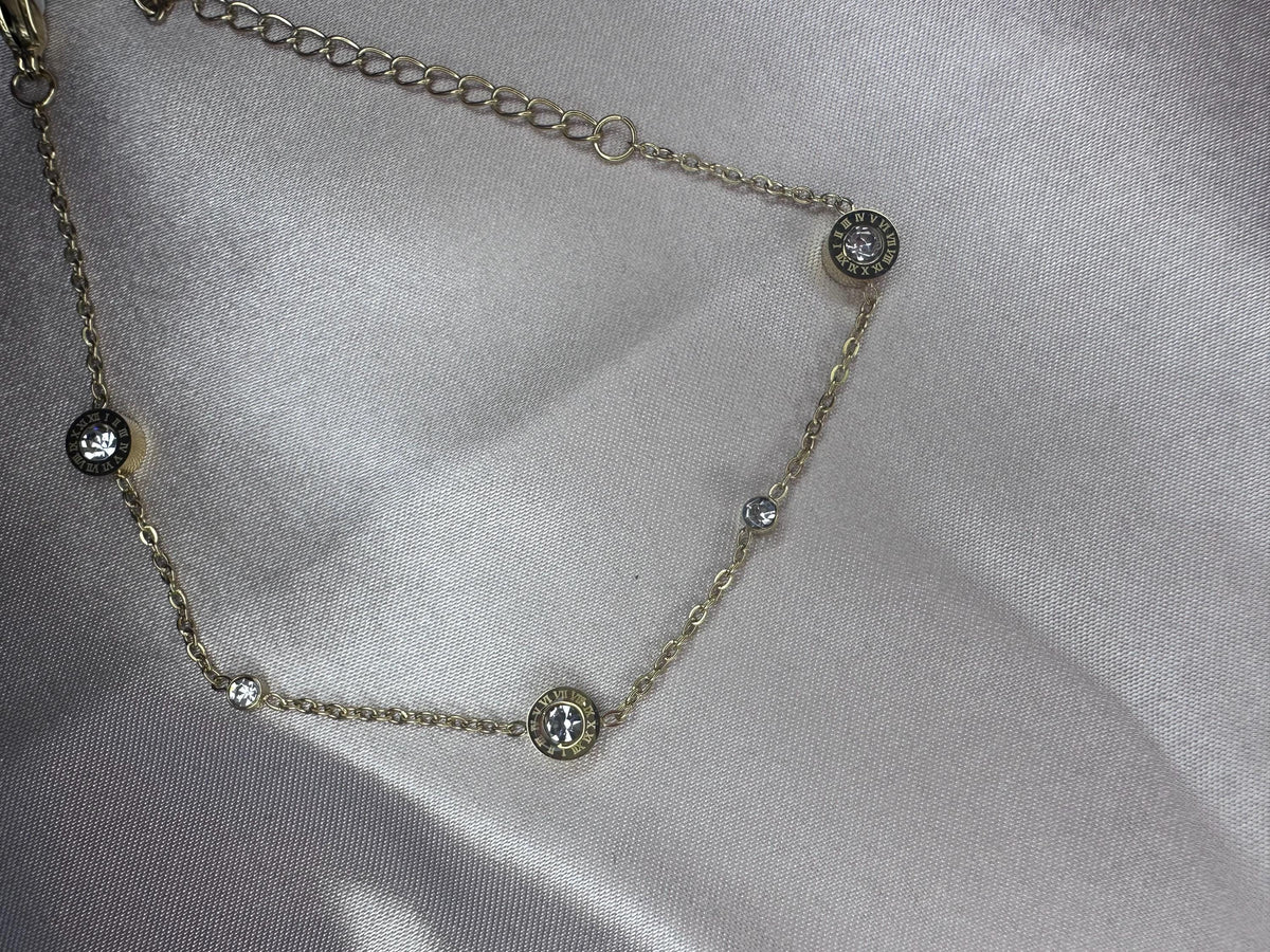 Roman Numeral Gold Bracelet with Crystal – Dainty Stainless Steel Minimalist Designer Inspired Jewelry
