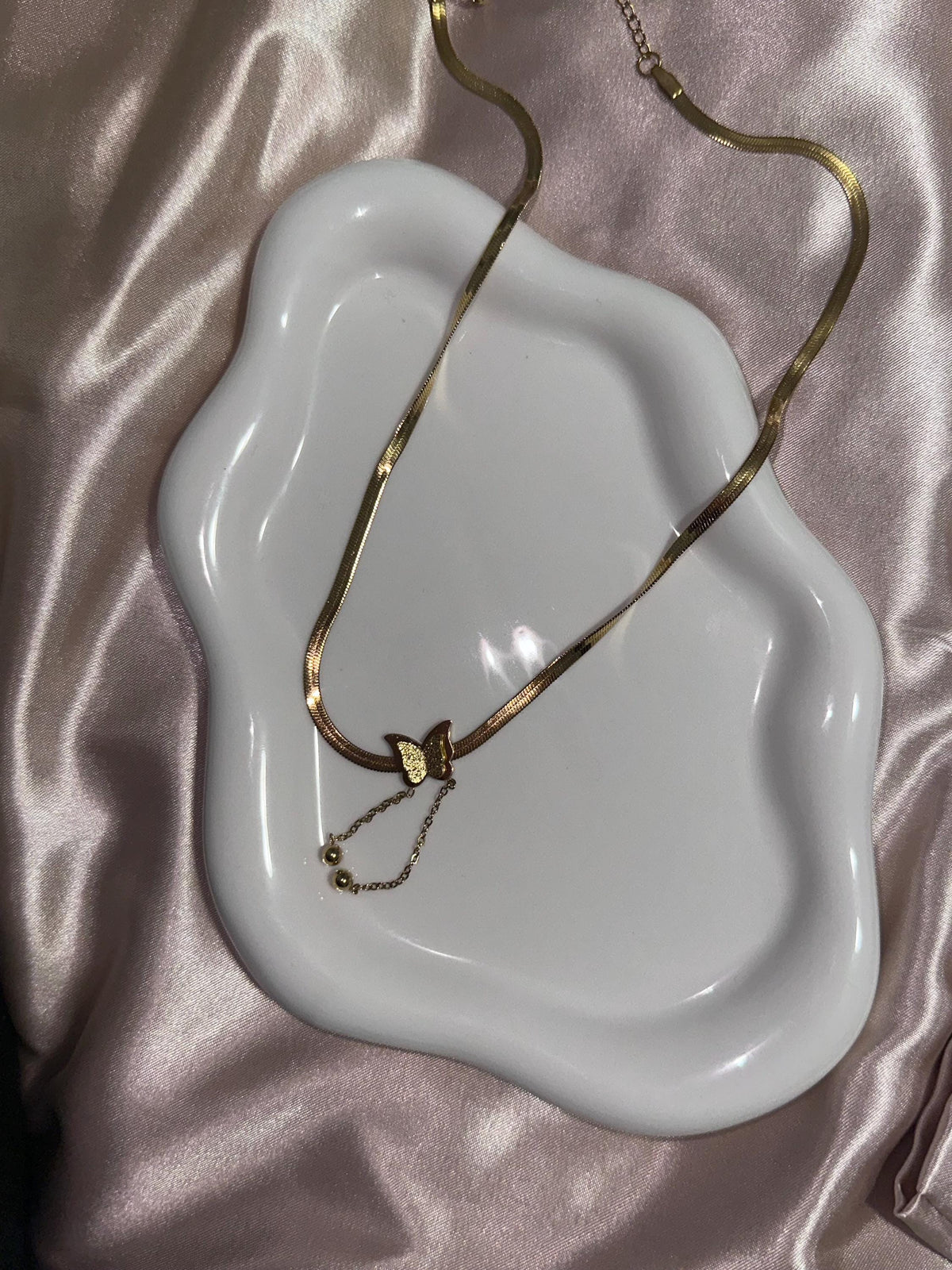 18K Gold Plated Butterfly Necklace – Herringbone Chain, Dainty Pendant