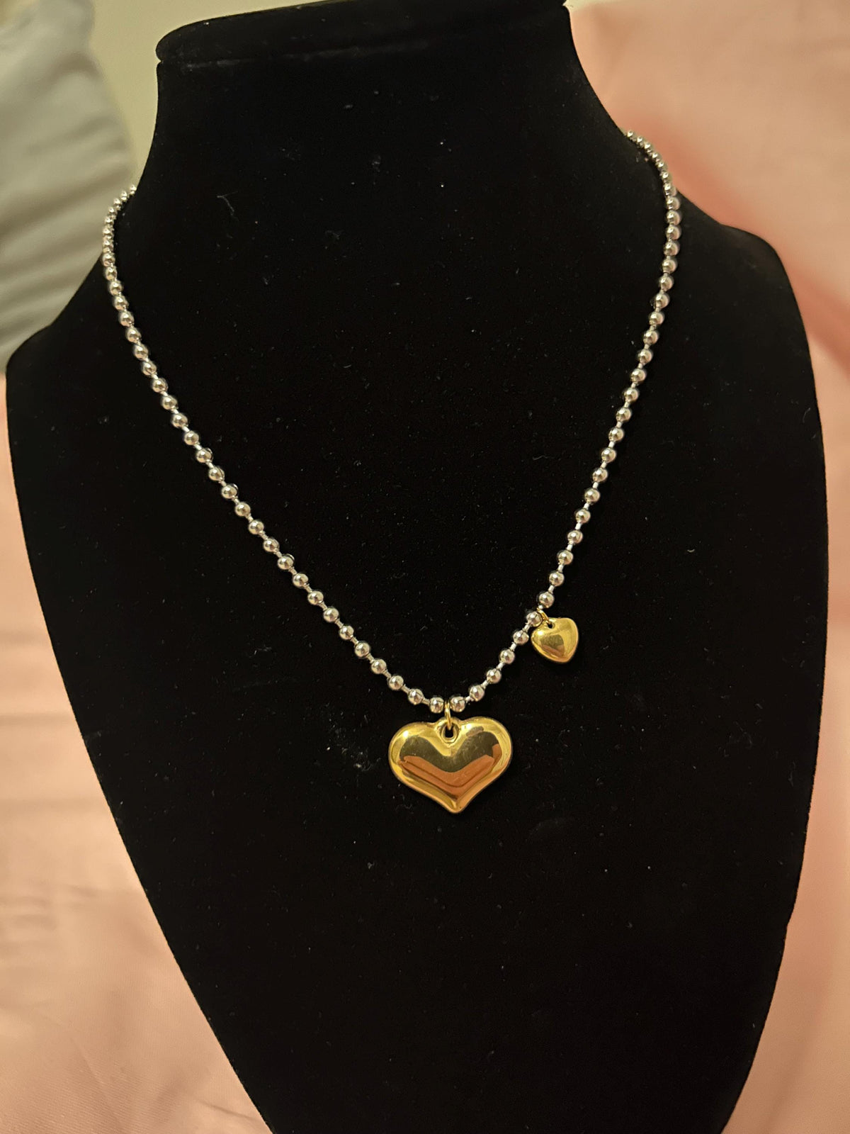 Two-Tone Gold 18K GOLD Plated Heart Necklace with Silver Beaded Chain | Minimalist Pendant Jewelry