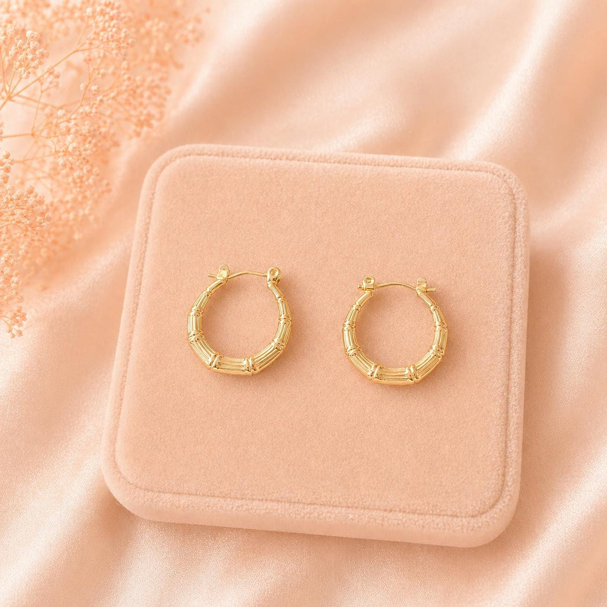 18K Gold Plated Bamboo Hoop Earrings, Textured Minimalist Chunky Hoops