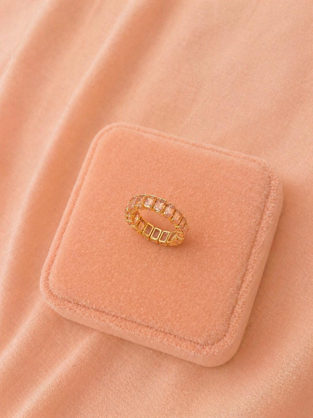 18K Gold Plated Crystal Band Ring, Adjustable Stainless Steel, Minimalist Stackable Jewelry