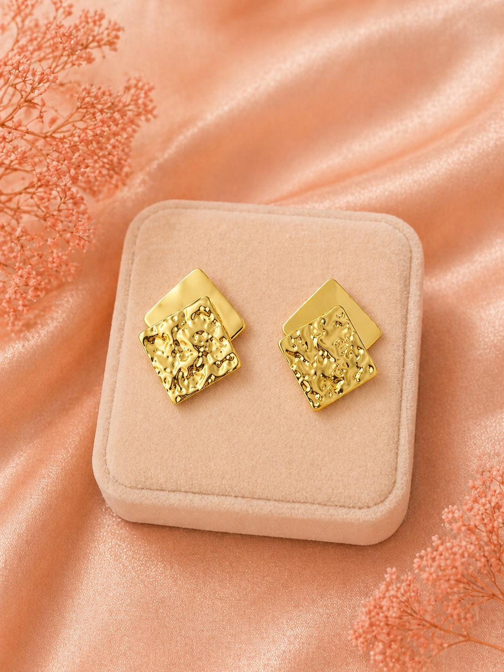 Textured Gold Square Stud Earrings, 18K Plated Stainless Steel Geometric Jewelry