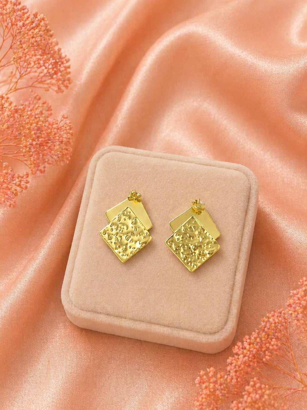 Textured Gold Square Stud Earrings, 18K Plated Stainless Steel Geometric Jewelry