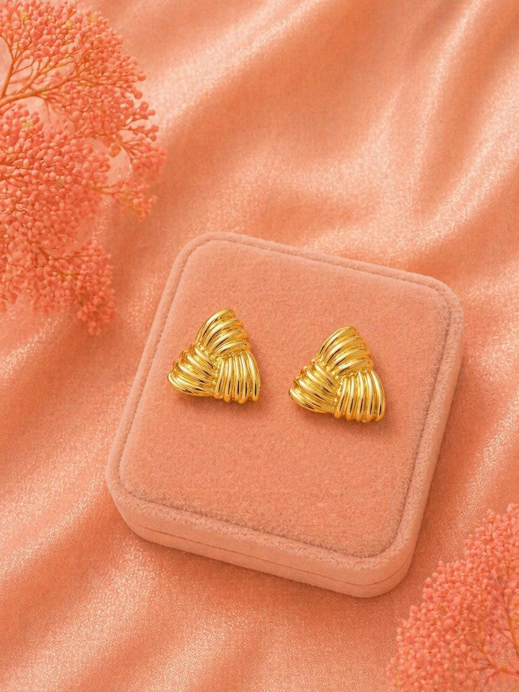 18K Gold Plated Textured Statement Earrings, Stainless Steel Studs, Vintage Minimalist Style