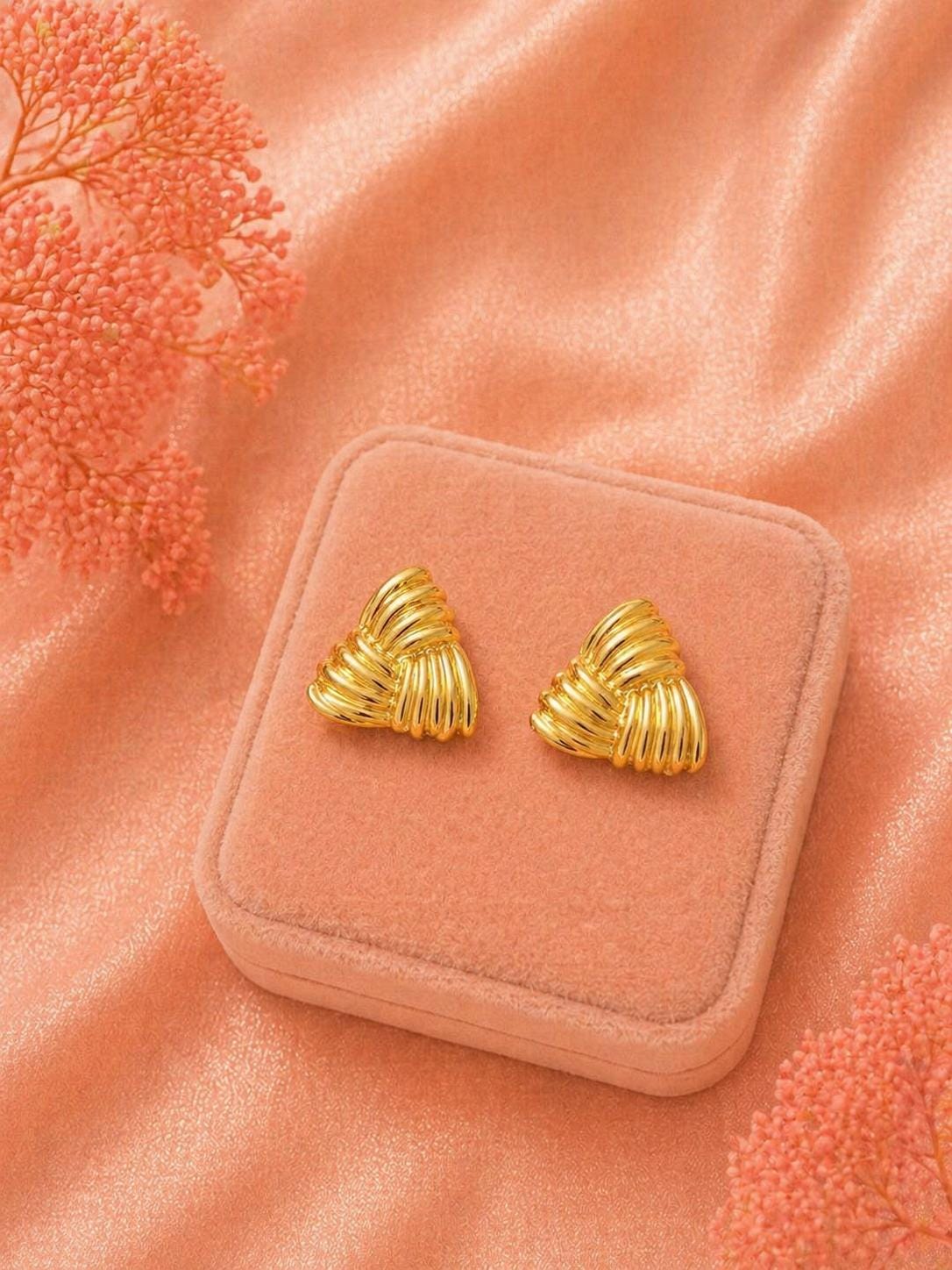 18K Gold Plated Textured Statement Earrings, Stainless Steel Studs, Vintage Minimalist Style