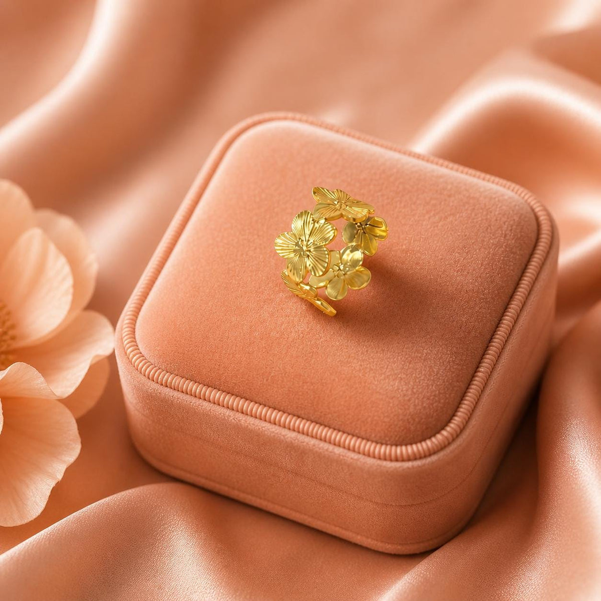 18K Gold Plated Floral Ring, Adjustable Stainless Steel Open Band, Minimalist Blossom Jewelry