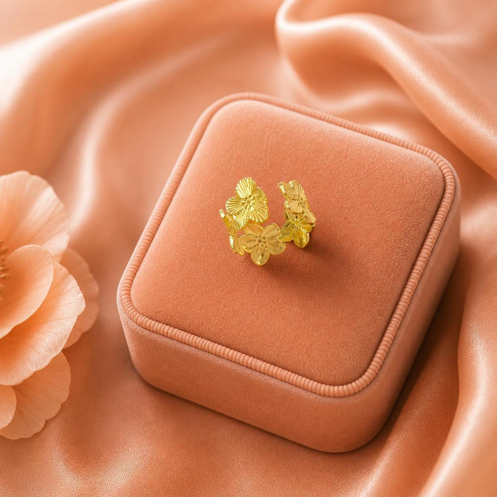 18K Gold Plated Floral Ring, Adjustable Stainless Steel Open Band, Minimalist Blossom Jewelry