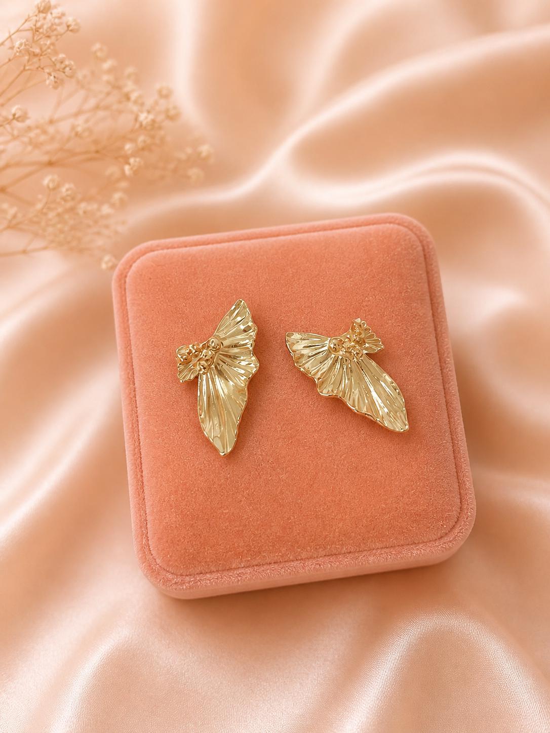 18K Gold Plated Angel Wing Stud Earrings | Detailed Feather Design, Statement Jewelry