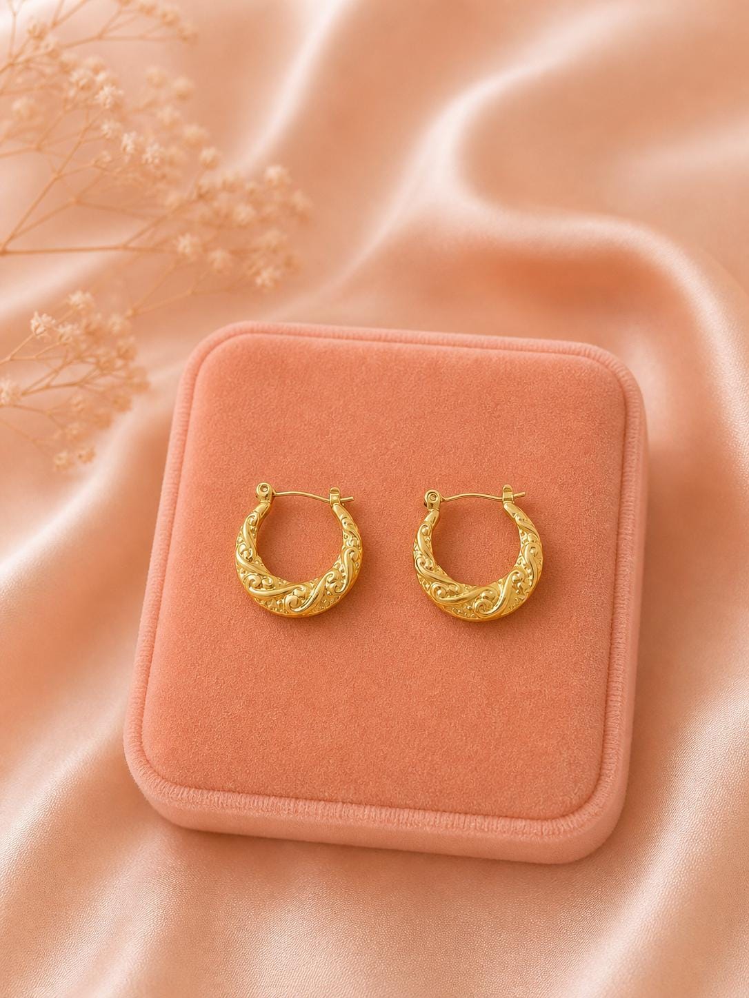 Textured 18K Gold Plated Hoop Earrings | Vintage Style Engraved Statement Hoops