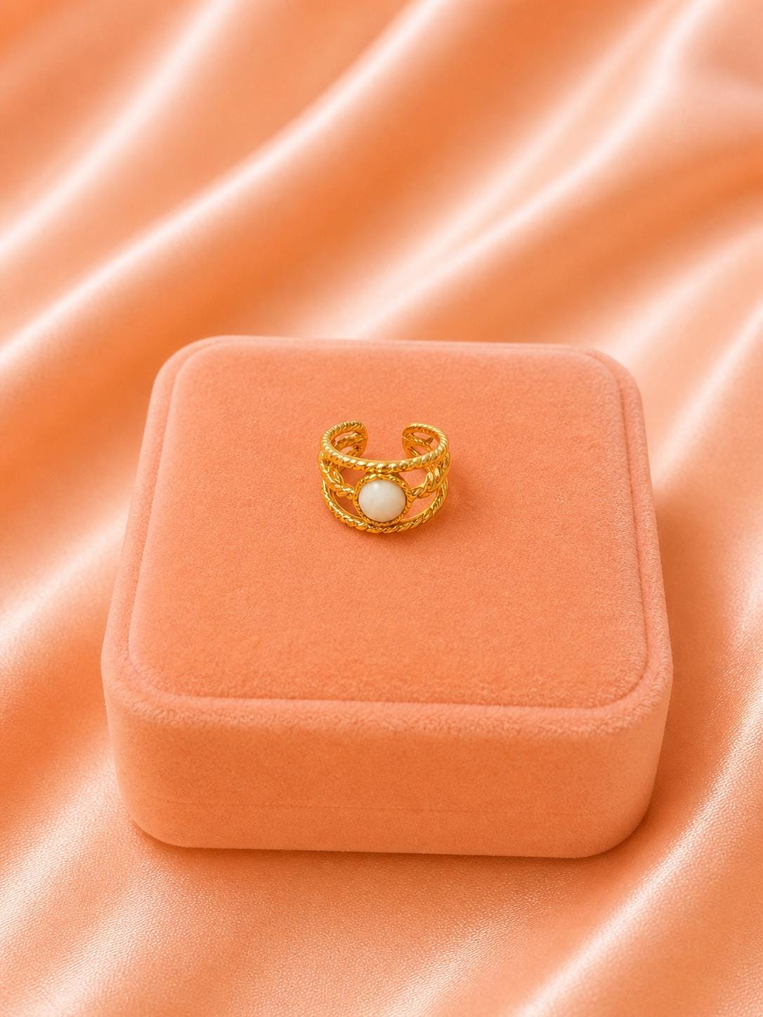18K Gold Plated Adjustable Ring | Minimalist Layered Band with Stone