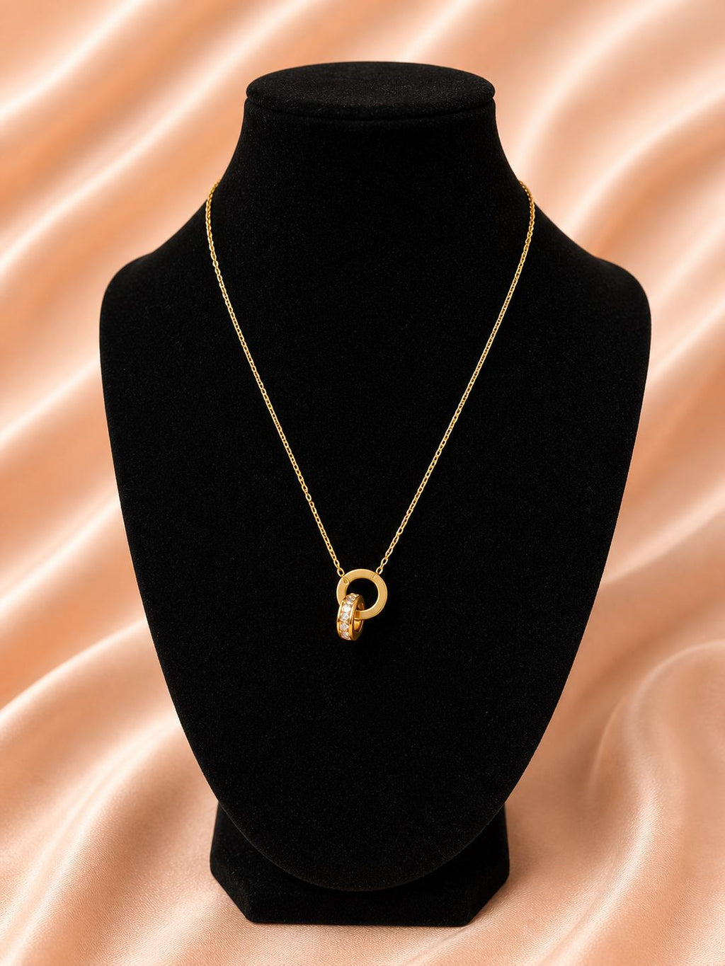 18K Gold Plated Interlocking Circle Necklace | Minimalist Double Ring Pendant, Dainty Chain