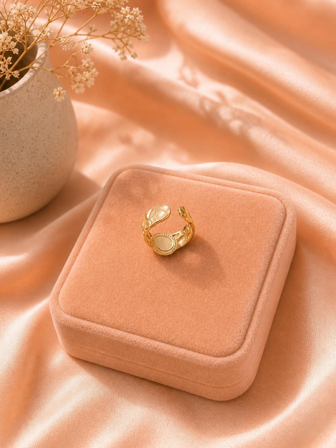 18K Gold Plated Oval Signet Ring, Textured Band, Adjustable Statement Jewelry