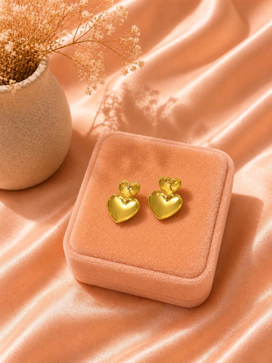 18K Gold Plated Double Heart Drop Earrings, Romantic Stainless Steel Jewelry