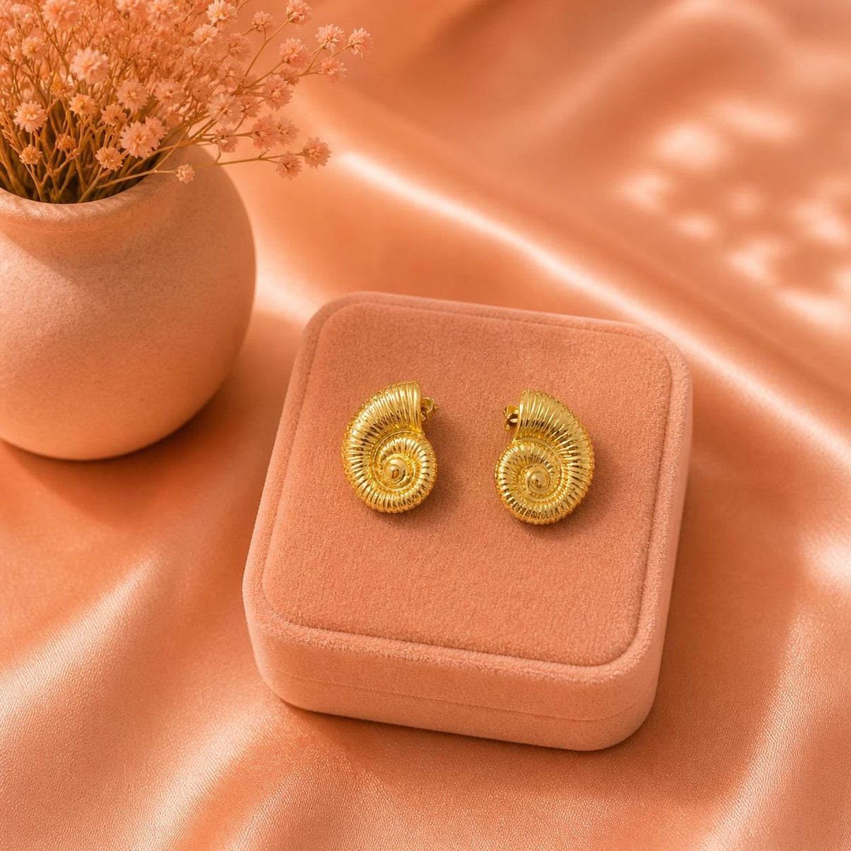 18K Gold Plated Spiral Shell Stud Earrings, Ocean Beach Statement Jewelry