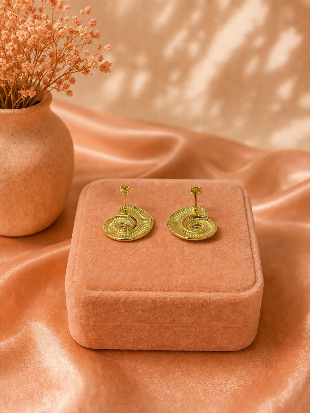 18K Gold Plated Spiral Shell Stud Earrings, Ocean Beach Statement Jewelry