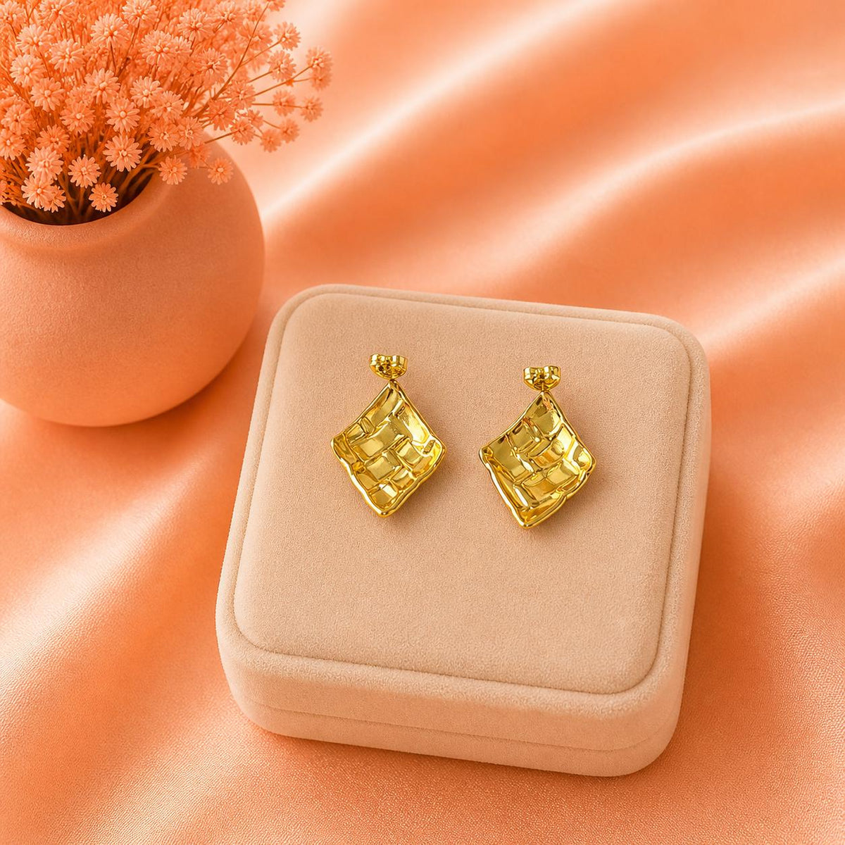 Textured Woven Square Stud Earrings, 18K Gold Plated Stainless Steel