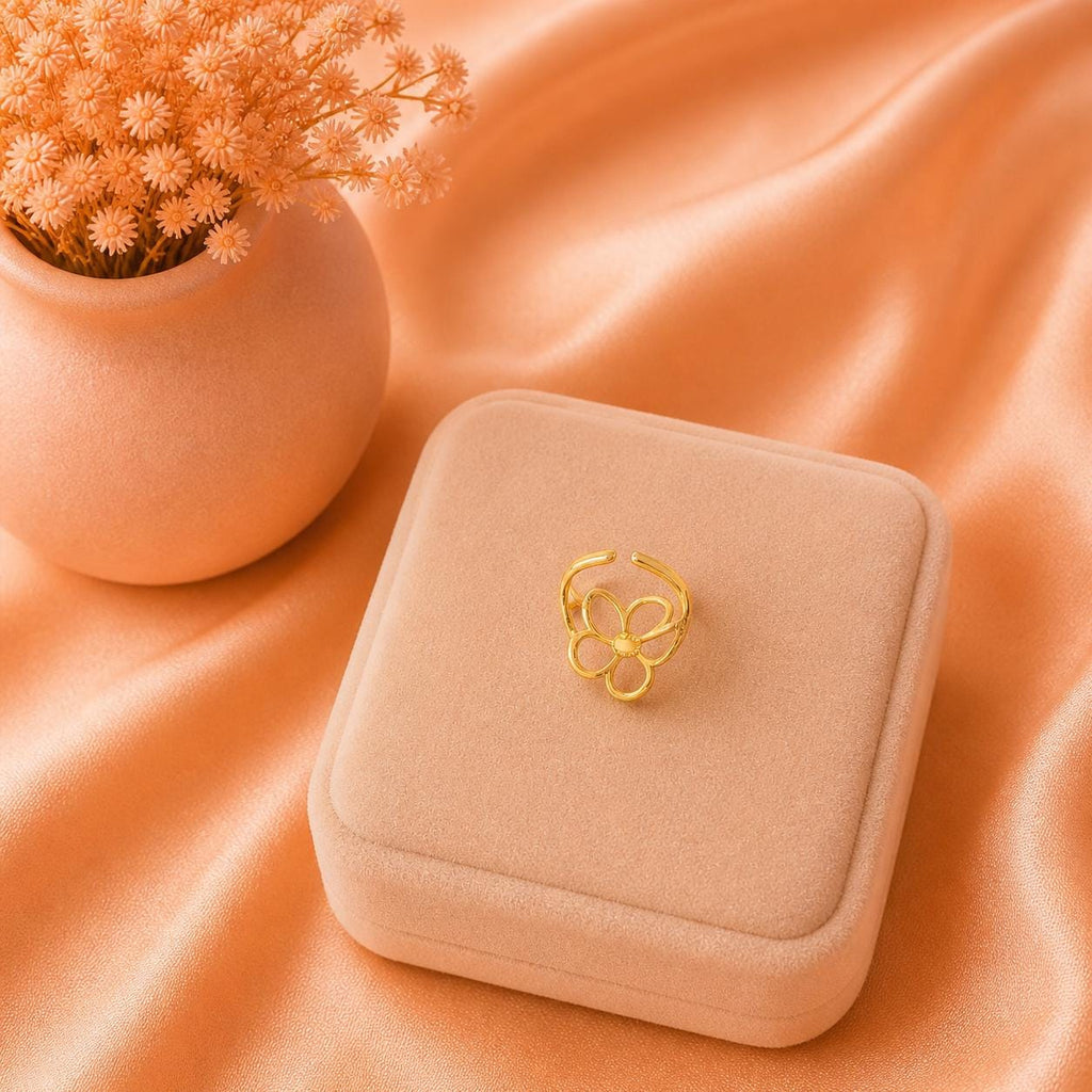 18K Gold Plated Daisy Open Ring, Minimalist Floral Stainless Steel Jewelry