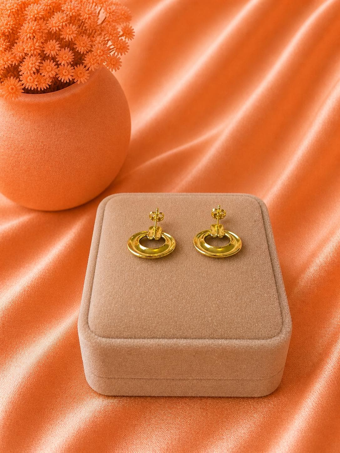 18K Gold Plated Chunky Hoop Stud Earrings, Minimalist Double Circle Jewelry