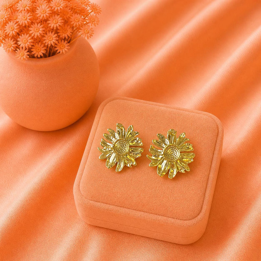 Gold Daisy Statement Stud Earrings, 18K Plated Flower Jewelry, Bold Summer Accessory