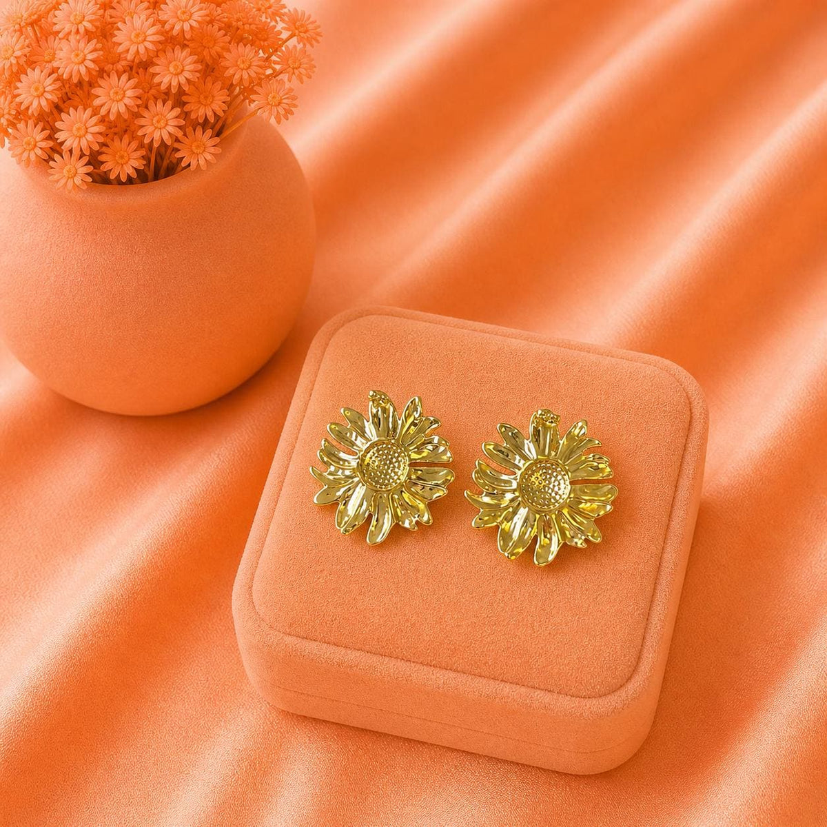 Gold Daisy Statement Stud Earrings, 18K Plated Flower Jewelry, Bold Summer Accessory