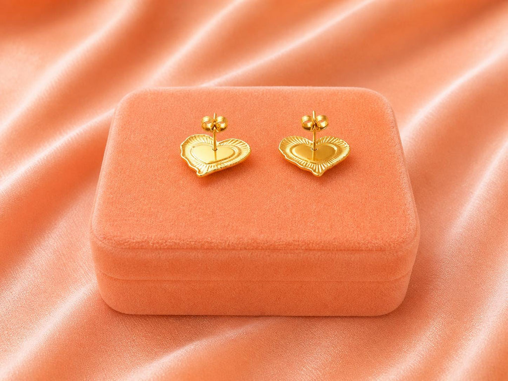 Textured Gold Heart Stud Earrings, 18K Plated Stainless Steel, Romantic Modern Jewelry