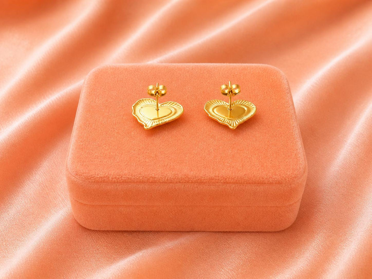 Textured Gold Heart Stud Earrings, 18K Plated Stainless Steel, Romantic Modern Jewelry
