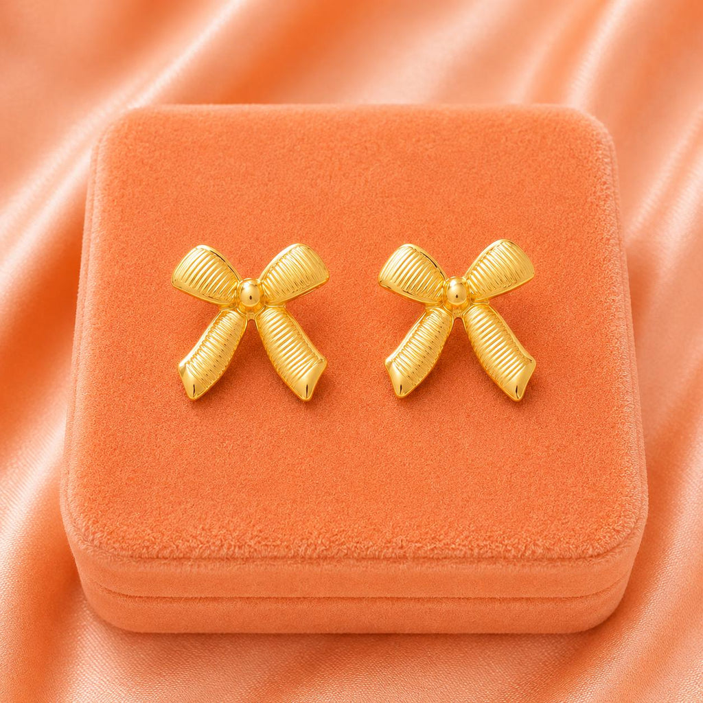 18K Gold Plated Ribbon Bow Stud Earrings, Stainless Steel, Feminine Minimalist Jewelry