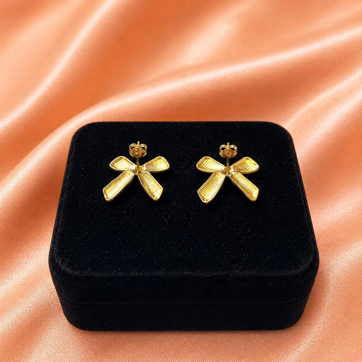 18K Gold Plated Ribbon Bow Stud Earrings, Stainless Steel, Feminine Minimalist Jewelry