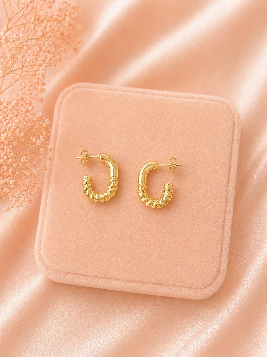 18K Gold Plated Textured Hoop Earrings, Rope Detail, Minimalist Everyday Hoops