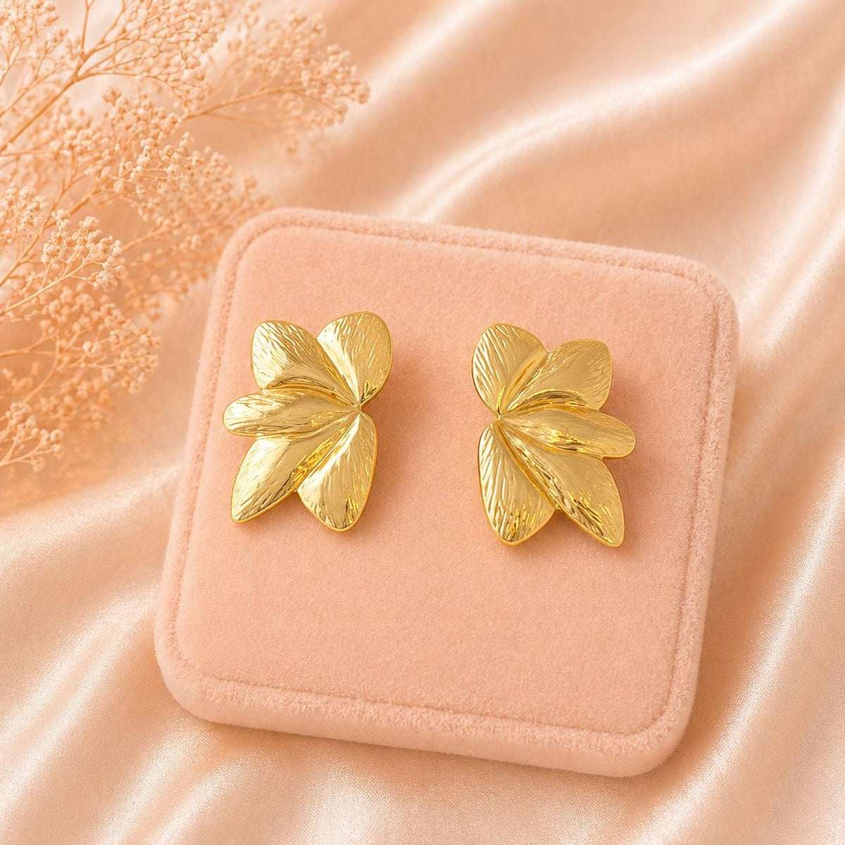 18K Gold Plated Leaf Statement Earrings, Sculptural Floral Design