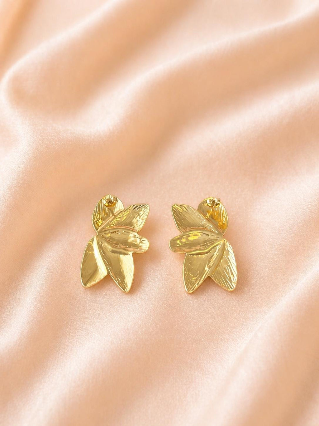 18K Gold Plated Leaf Statement Earrings, Sculptural Floral Design