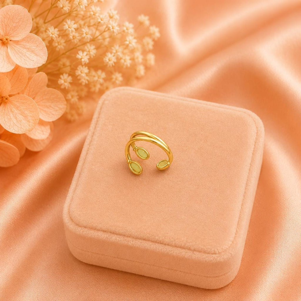 18K Gold Plated Double Band Open Ring, Minimalist Oval Accent, Adjustable Everyday Jewelry