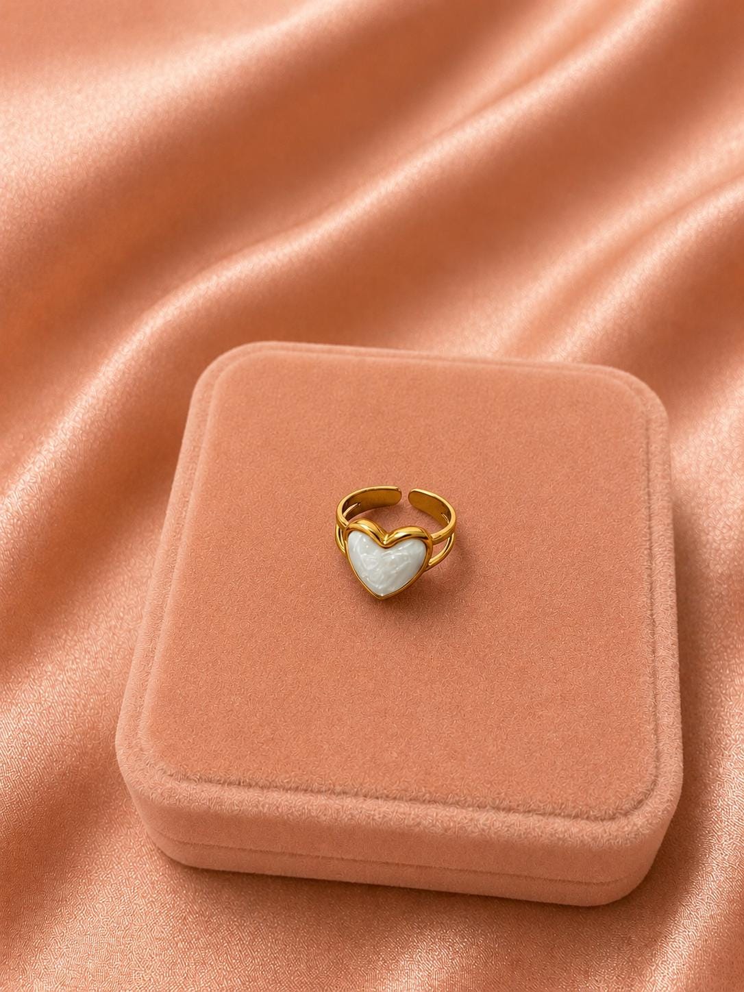 18K Gold Plated Heart Ring, Adjustable Open Band, Minimalist Romantic Jewelry
