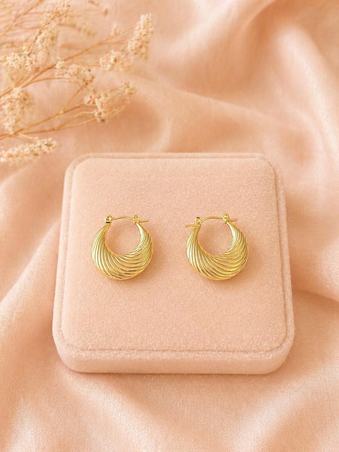 18K Gold Plated Twisted Ribbed Hoop Earrings, Stainless Steel Statement Hoops