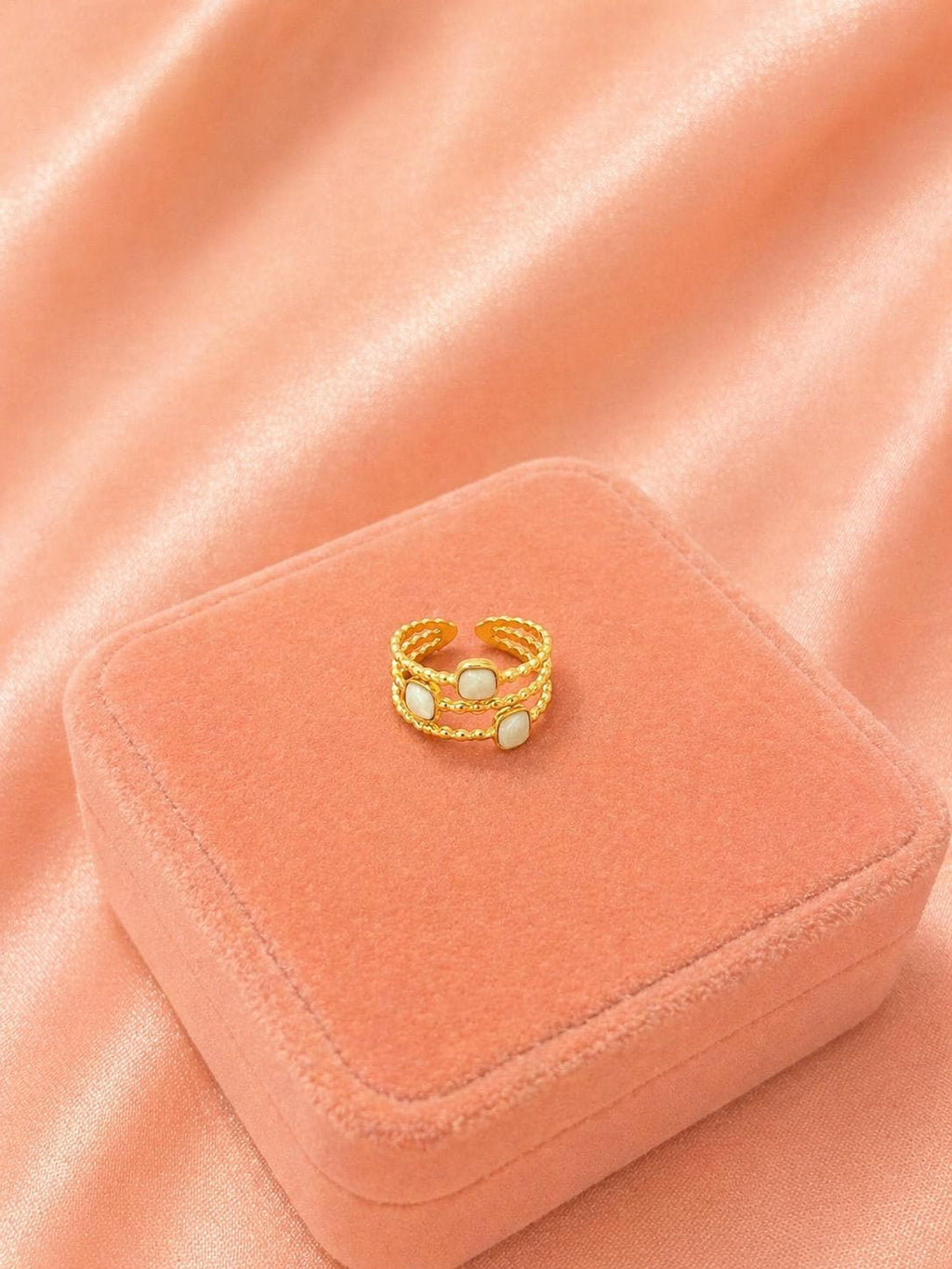 18K Gold Plated Multi Layer Ring – Adjustable Stainless Steel with White Stone Accents