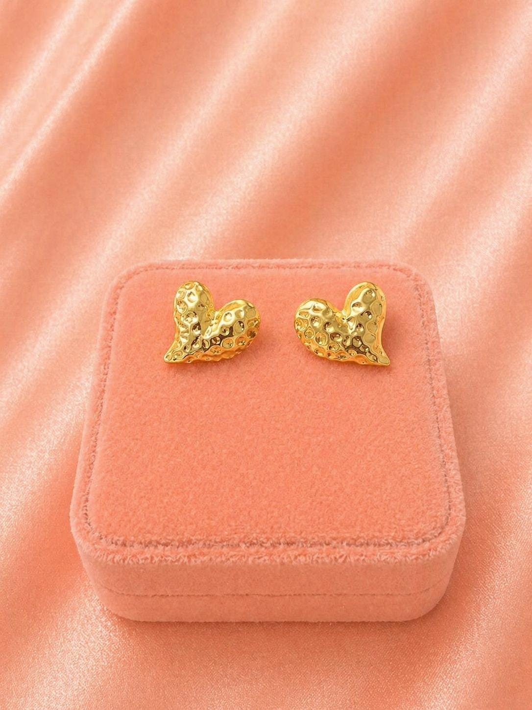 18K Gold Plated Hammered Heart Stud Earrings, Stainless Steel Minimalist Jewelry