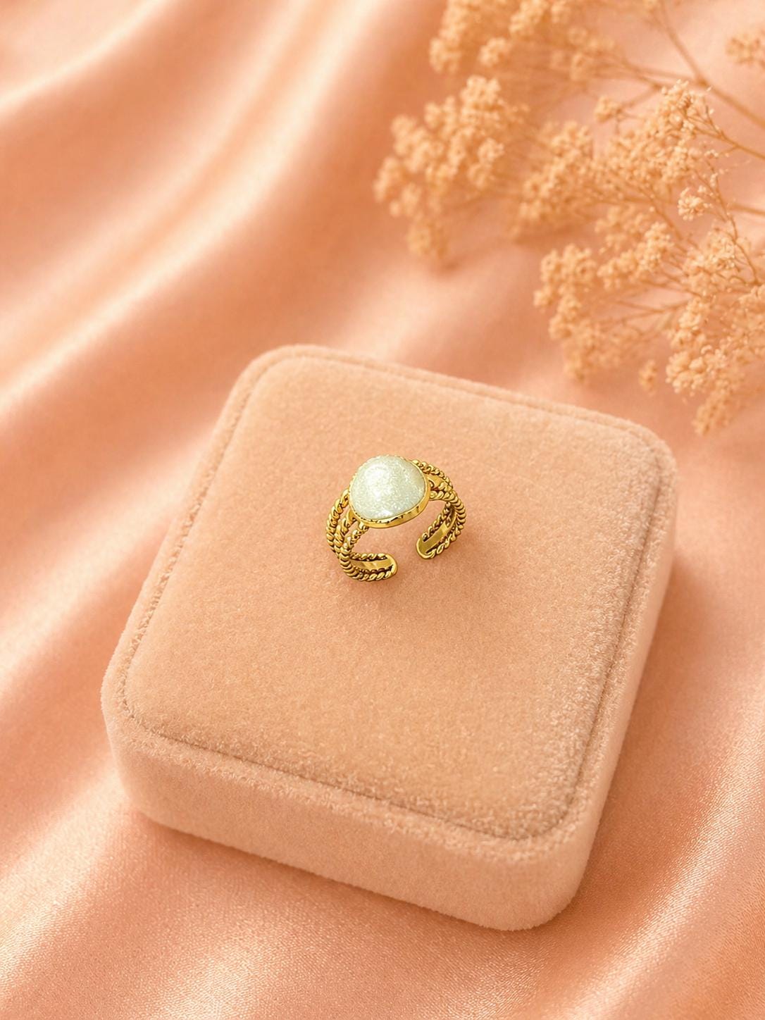 18K Gold Plated Opal Ring, Stainless Steel Rope Band, Adjustable Minimalist Jewelry