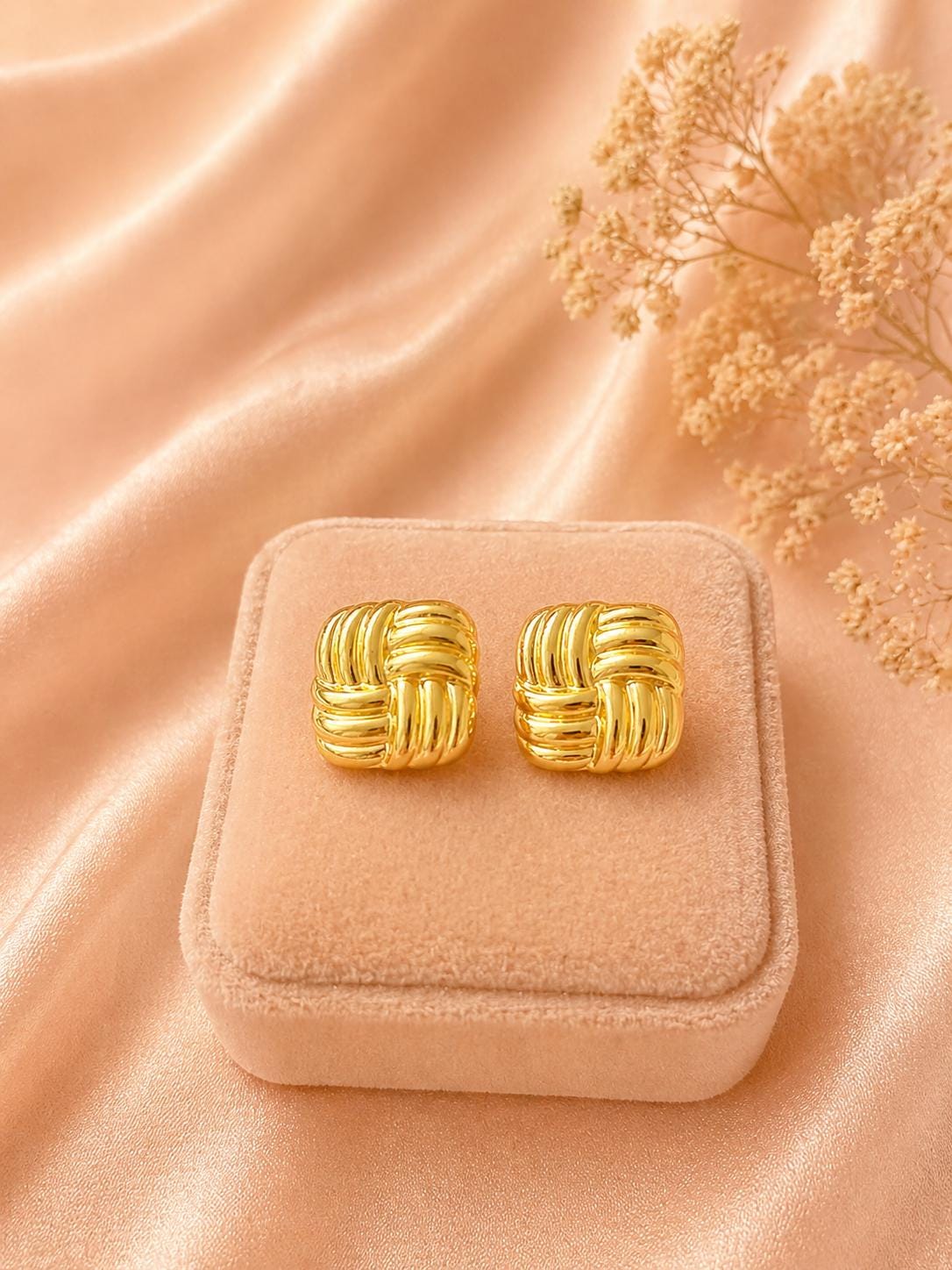 18K Gold Plated Woven Stud Earrings, Stainless Steel Quilted Statement Jewelry