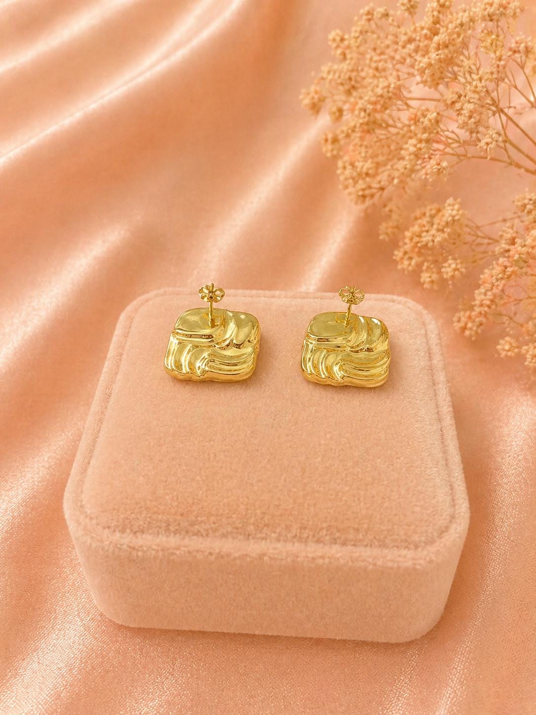 18K Gold Plated Woven Stud Earrings, Stainless Steel Quilted Statement Jewelry