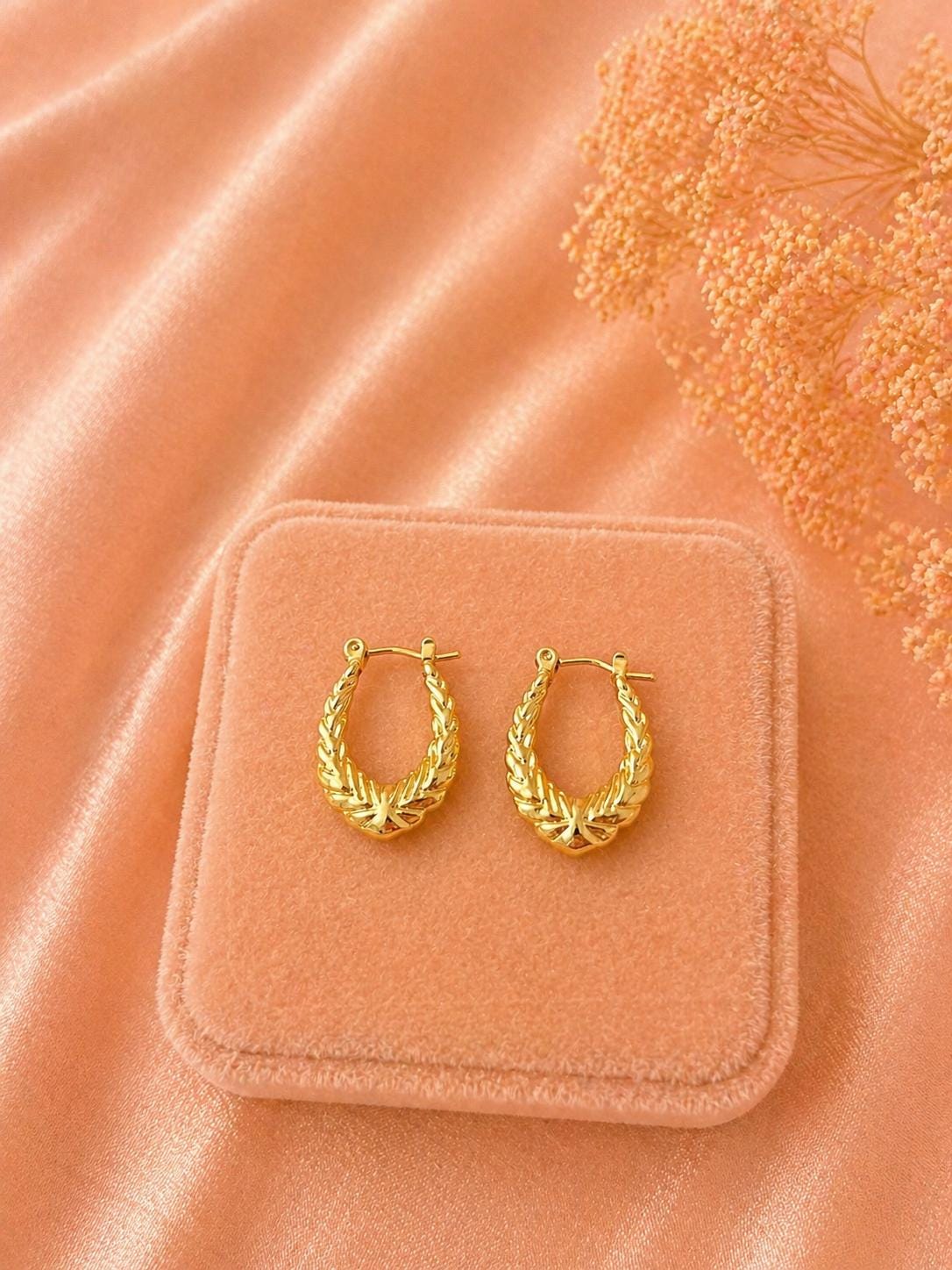 18K Gold Plated Oval Hoop Earrings, Textured Twisted Stainless Steel Hoops