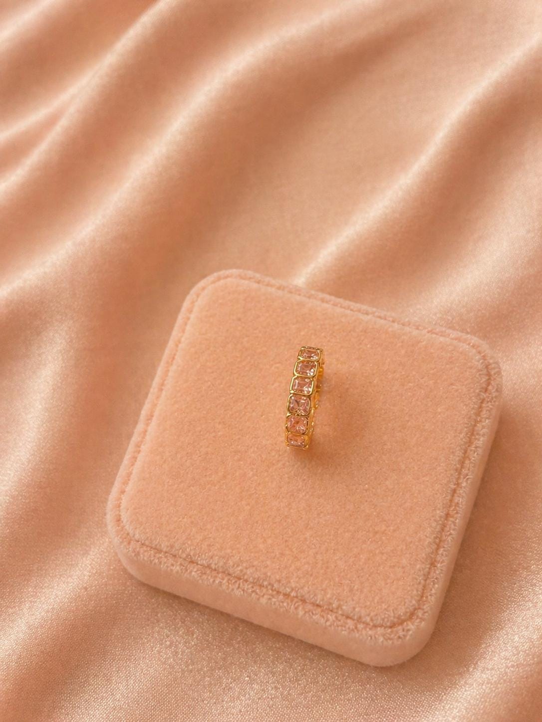 18K Gold Plated Crystal Band Ring, Adjustable Stainless Steel, Minimalist Stackable Jewelry