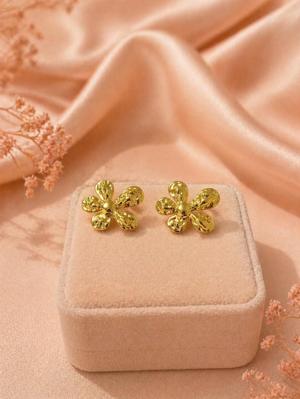 18K Gold Plated Textured Floral Stud Earrings, Stainless Steel Dainty Jewelry