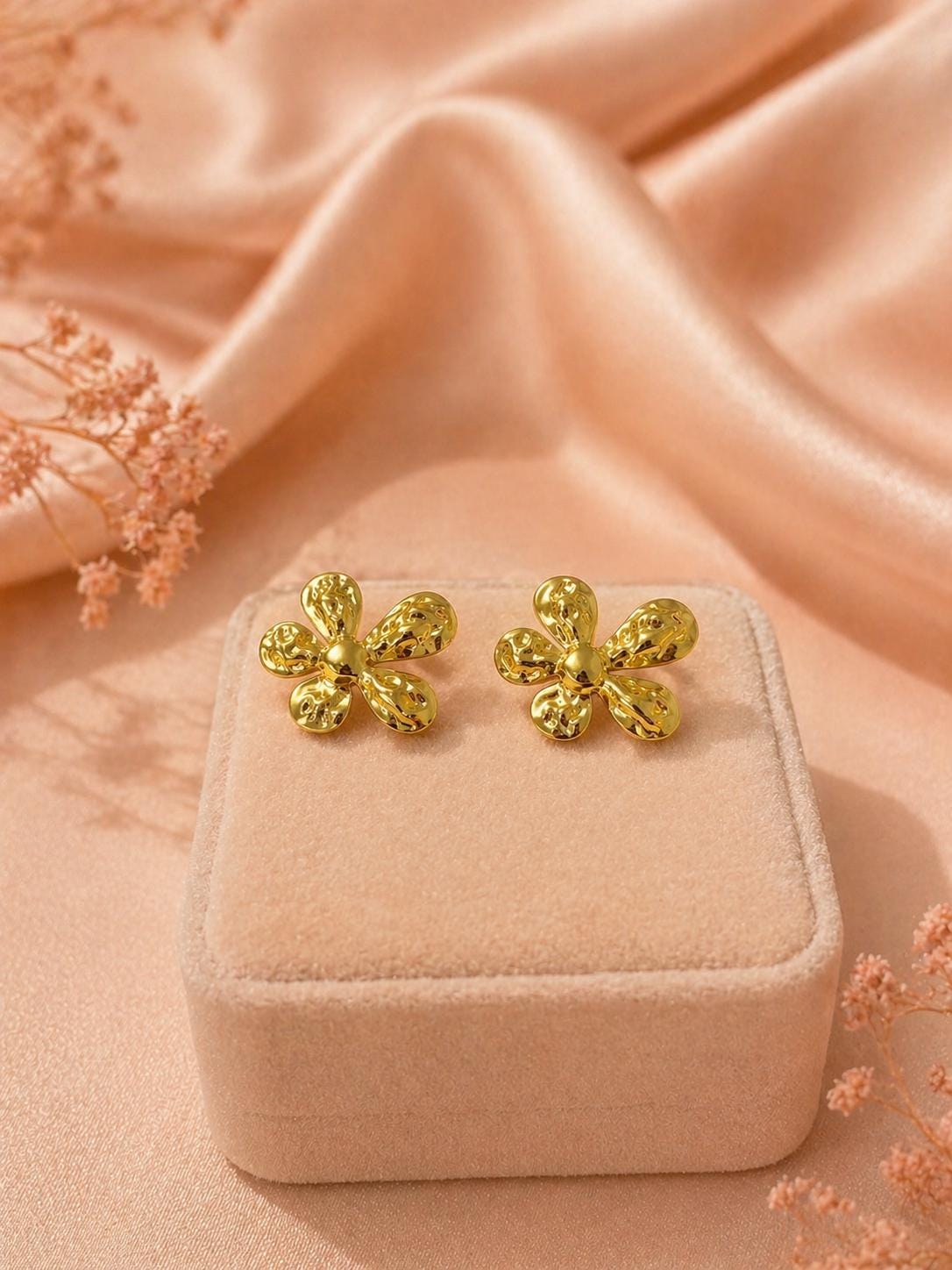 18K Gold Plated Textured Floral Stud Earrings, Stainless Steel Dainty Jewelry