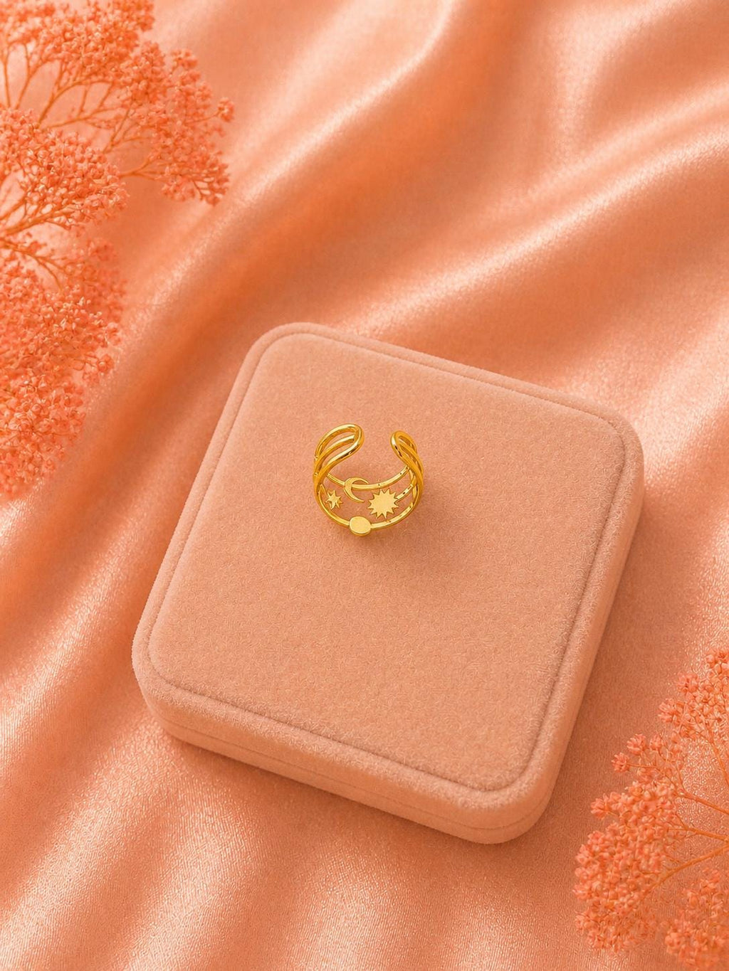18K Gold Plated Celestial Ring, Adjustable Stainless Steel Star Moon, Minimalist Open Band
